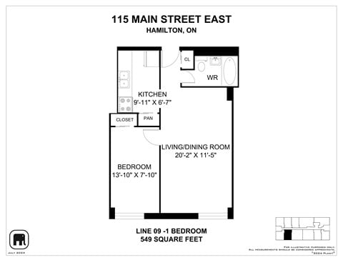 Floor plan for 1 bed, 1 bath, 552 sqft
